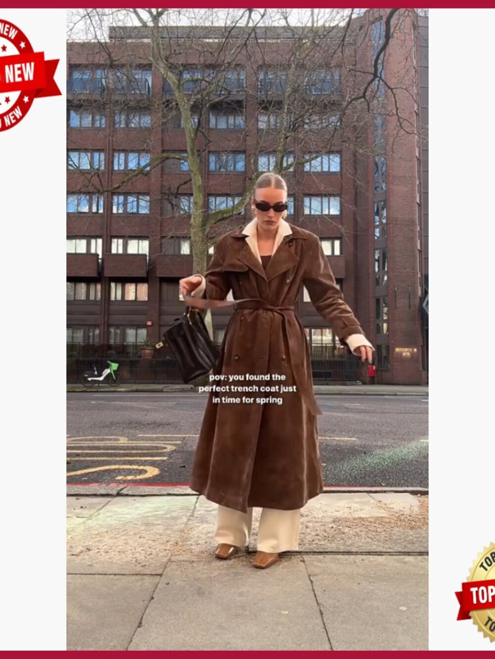 Faux Suede Long Trench Coat Double Breasted Pea Coat Belted Slim Fit - Picture 7 of 7